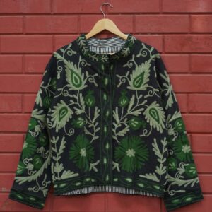 Womens Black Velvet Embroidered Jacket with Floral Design